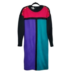 Vintage 80s Glam Leslie Fay Color Block Dress Sz 8